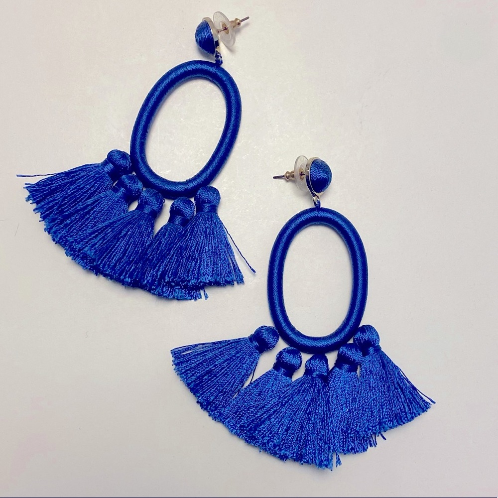 Bright Cobalt Blue Fringe Statement Earrings
